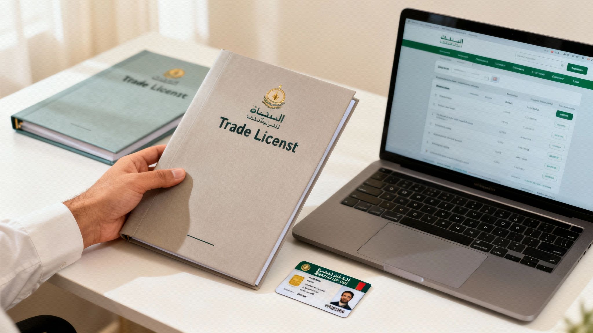 A person holding a Trade License document, with business documents and a laptop on a white desk.