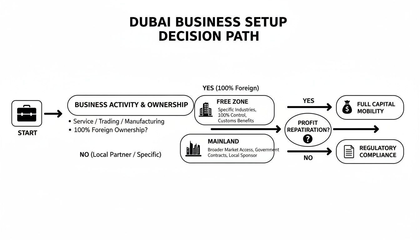 Flowchart detailing the decision path for Dubai business setup, covering ownership, free zones, and profit options.
