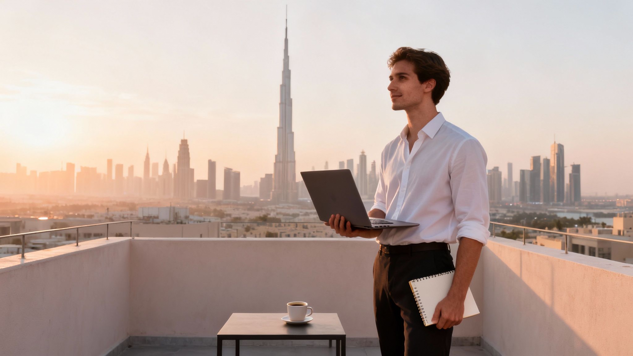 Man on rooftop with laptop and notebook, overlooking Dubai cityscape and Burj Khalifa at sunset.
