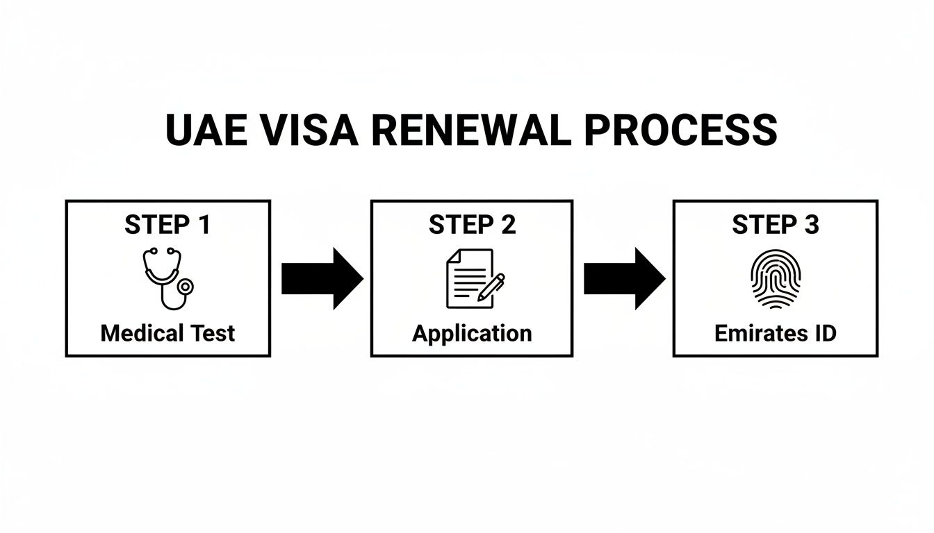 A flowchart illustrates the 3-step UAE visa renewal process: Medical Test, Application, and Emirates ID.