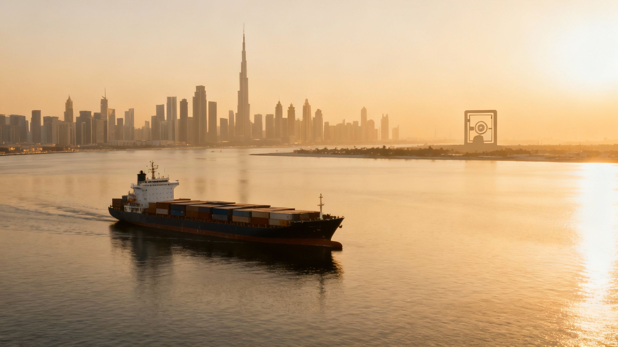 A container ship sails on water with the Dubai city skyline and Burj Khalifa in golden light.