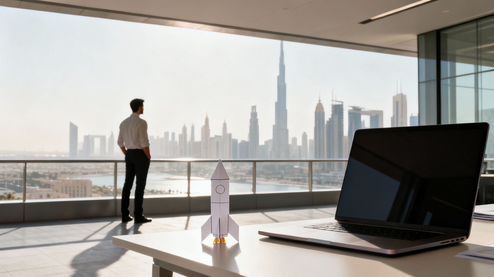 A businessman looks at Dubai skyline with a paper rocket and laptop, symbolizing vision and startup.
