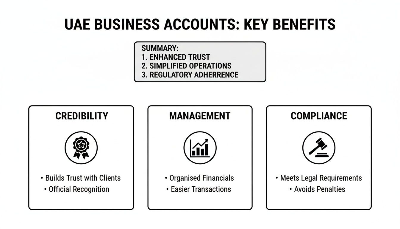 Infographic detailing UAE business account key benefits: enhanced trust, simplified operations, regulatory adherence, credibility, management, and compliance.