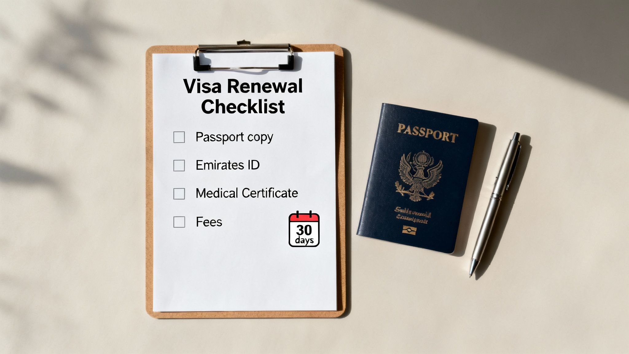 A visa renewal checklist on a clipboard with a passport and pen, showing required documents.