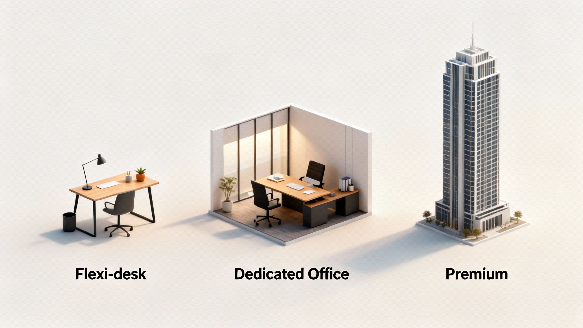 Three isometric office options: a flexi-desk, a dedicated private office, and a premium skyscraper.