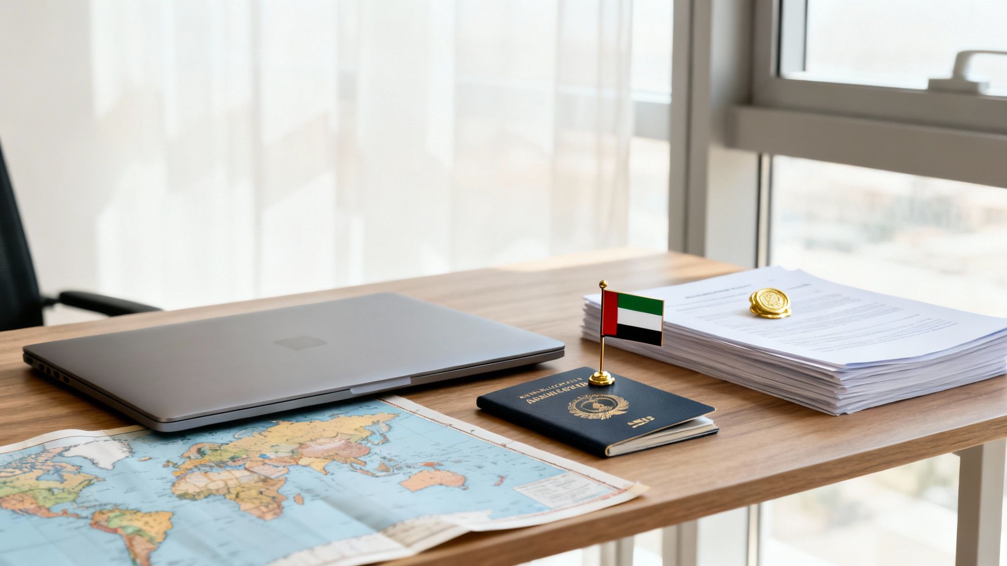 A desk setup for international business with a laptop, world map, UAE passport, flag, and documents.