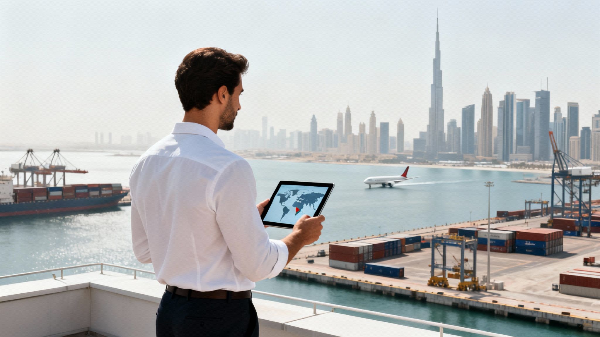 Man holding a tablet with a world map, overlooking a busy port, city skyline, and plane.