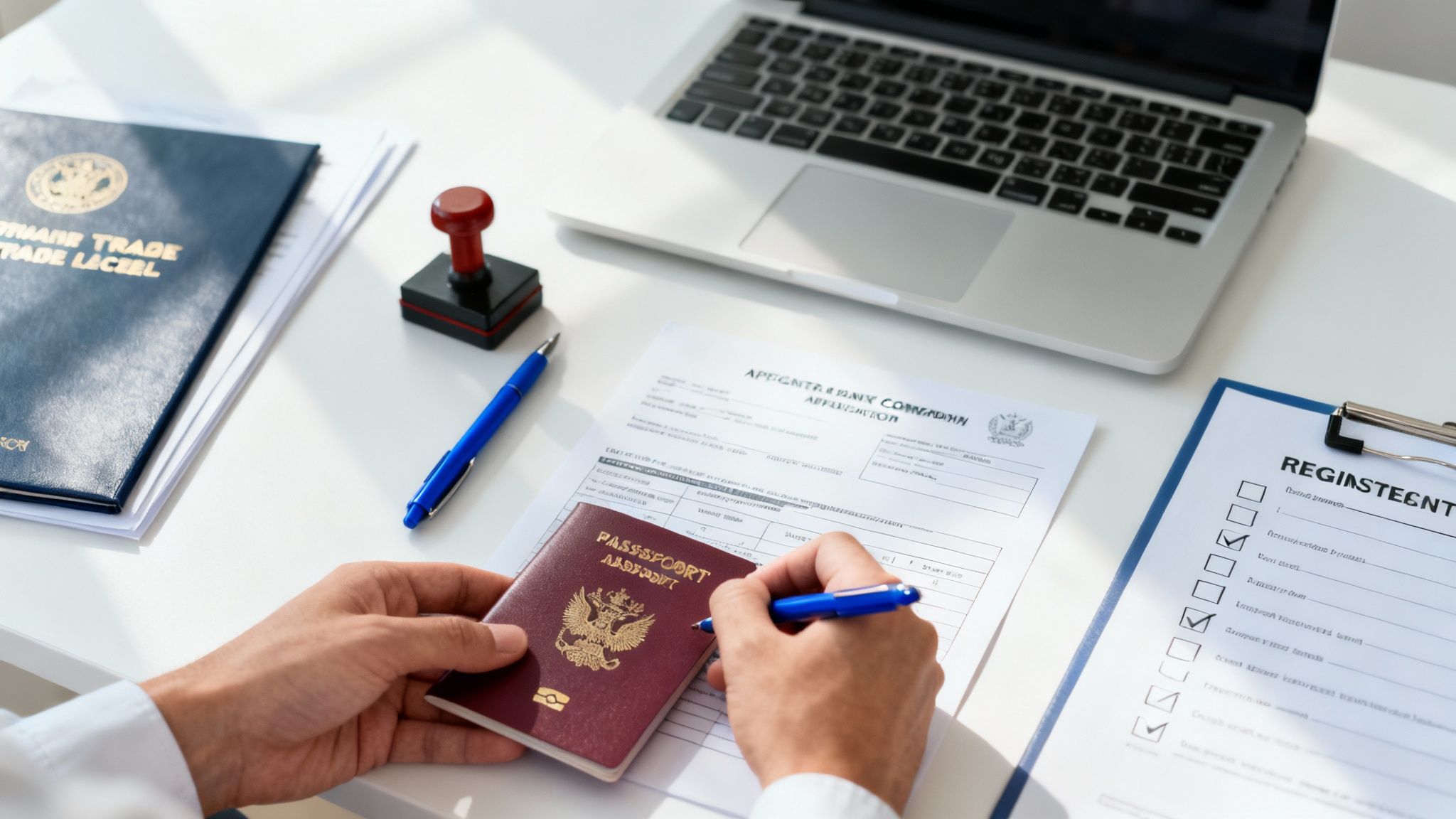 Hands filling out a company registration form with a passport, pen, laptop, and documents on a desk.