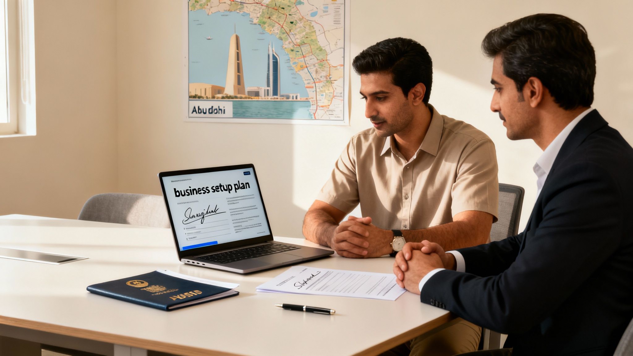 Two men discussing a 'business setup plan' on a laptop with documents and a passport on a table.