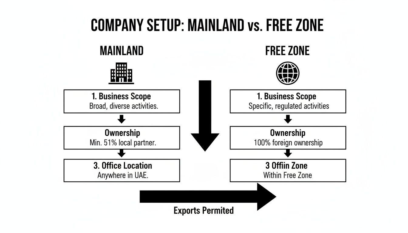 Comparison of company setup options: Mainland vs. Free Zone, detailing business scope, ownership, and office location differences.