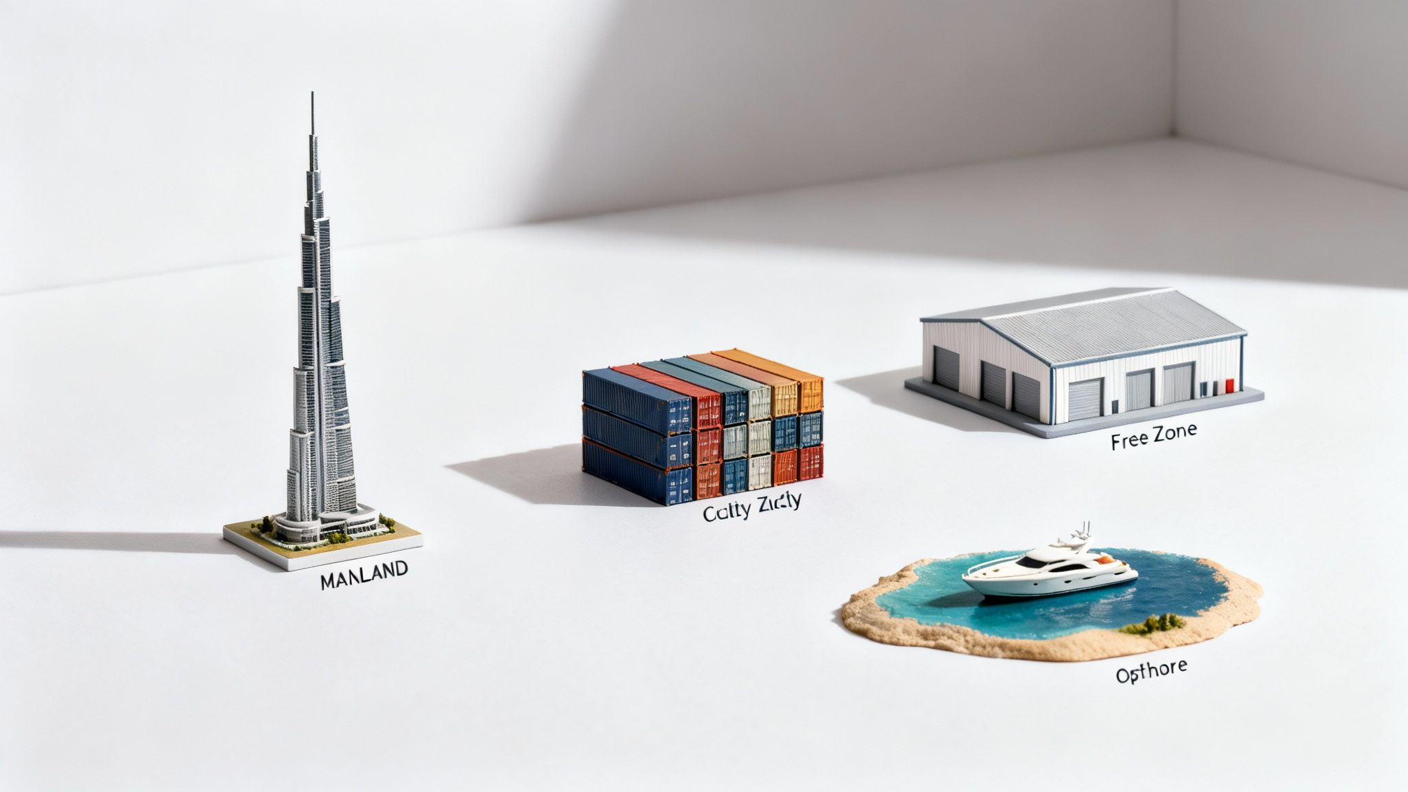 Miniature models: a skyscraper (Manland), shipping containers (Calty Zictly), a warehouse (Free Zone), and a yacht (Opthore).