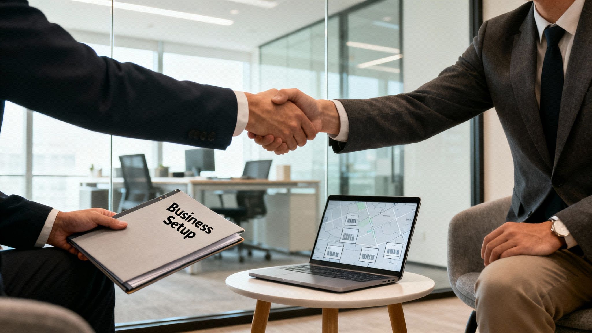 Two businessmen shake hands in a modern office, one holding a 'Business Setup' folder next to a laptop.