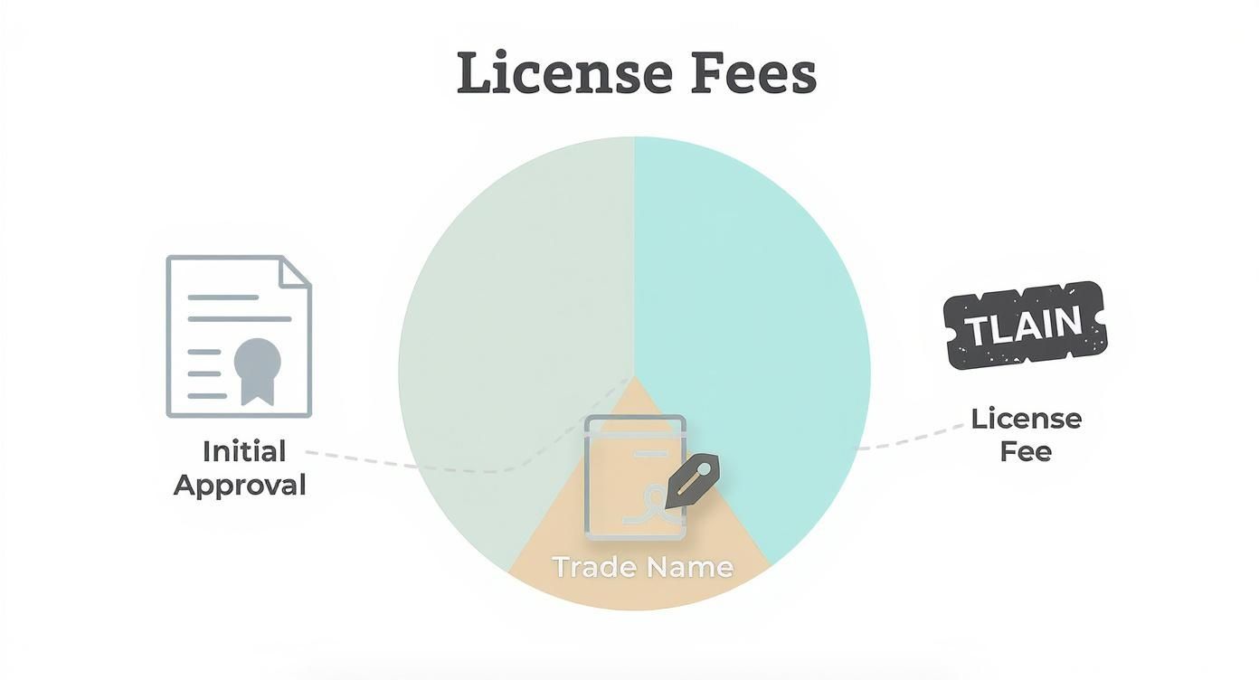 A pie chart illustrating the breakdown of license fees into initial approval, trade name, and license fee components.