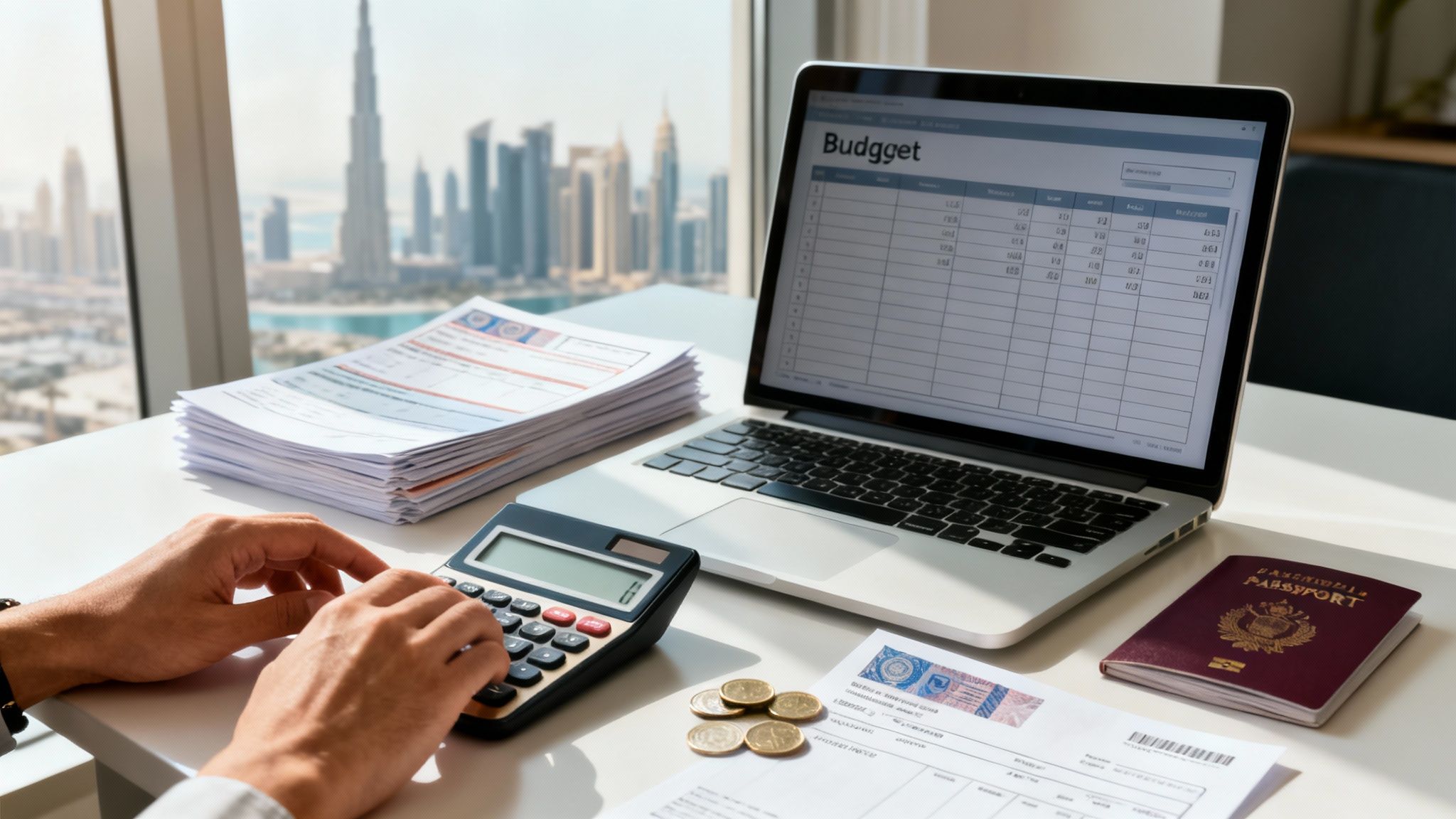 Hands using calculator for budget with laptop, documents, coins, and a passport overlooking the Dubai skyline.