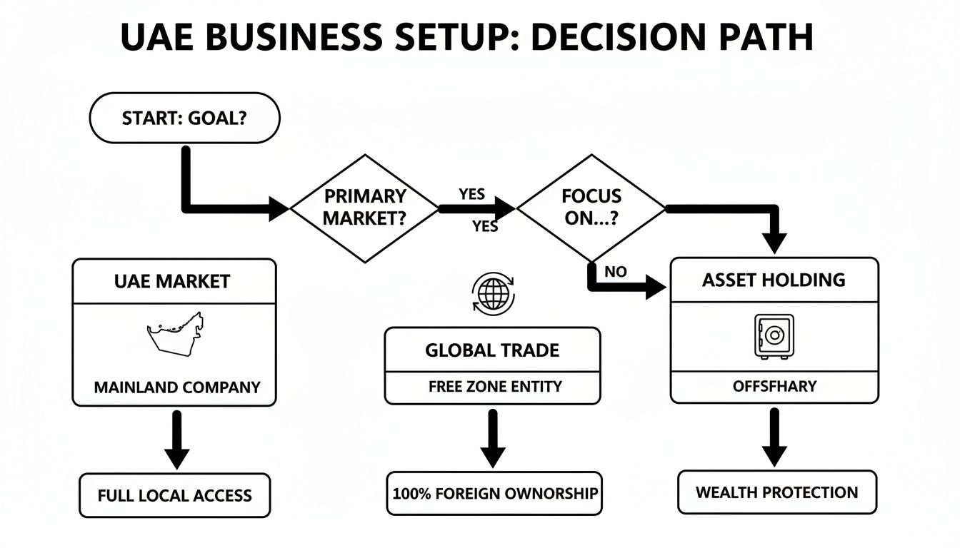 Flowchart detailing the decision path for setting up a business in the UAE based on market and focus.