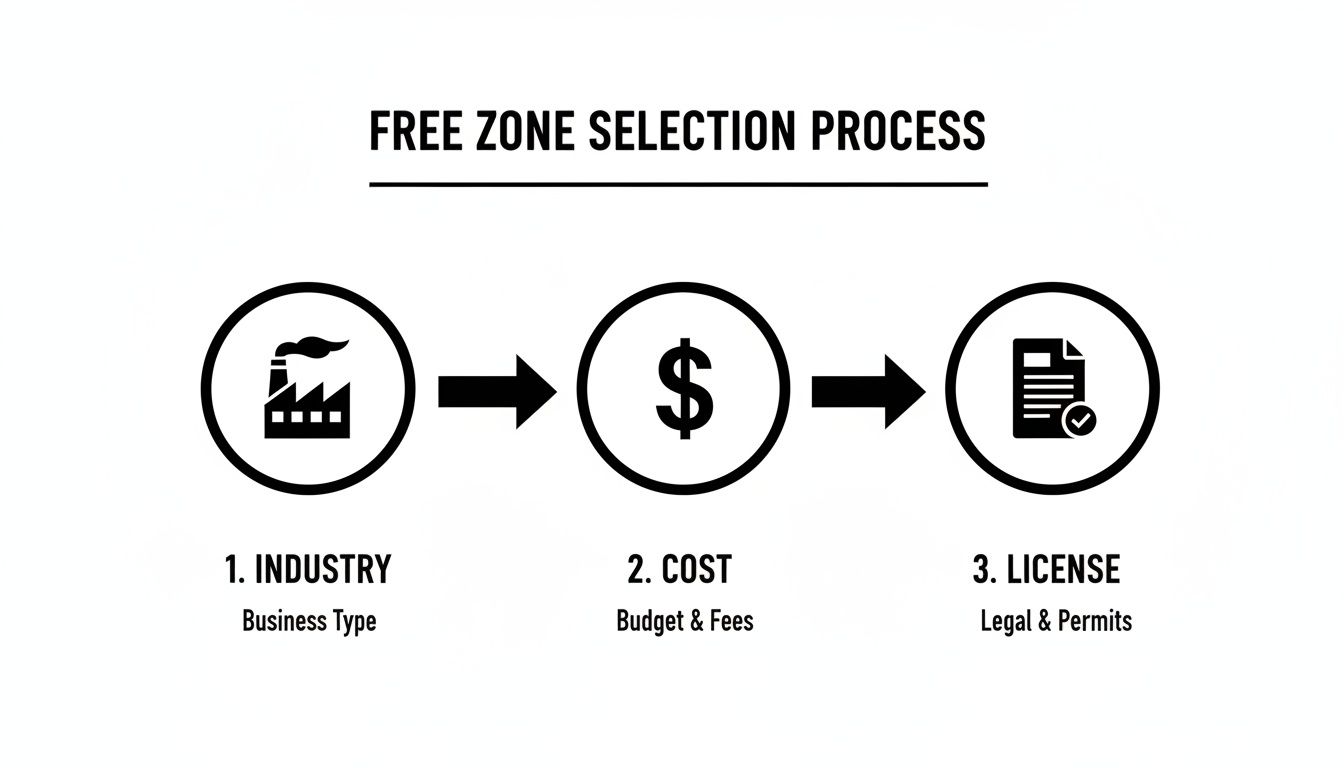 Flowchart detailing the free zone selection process with steps: Industry (factory), Cost (dollar), and License (document).