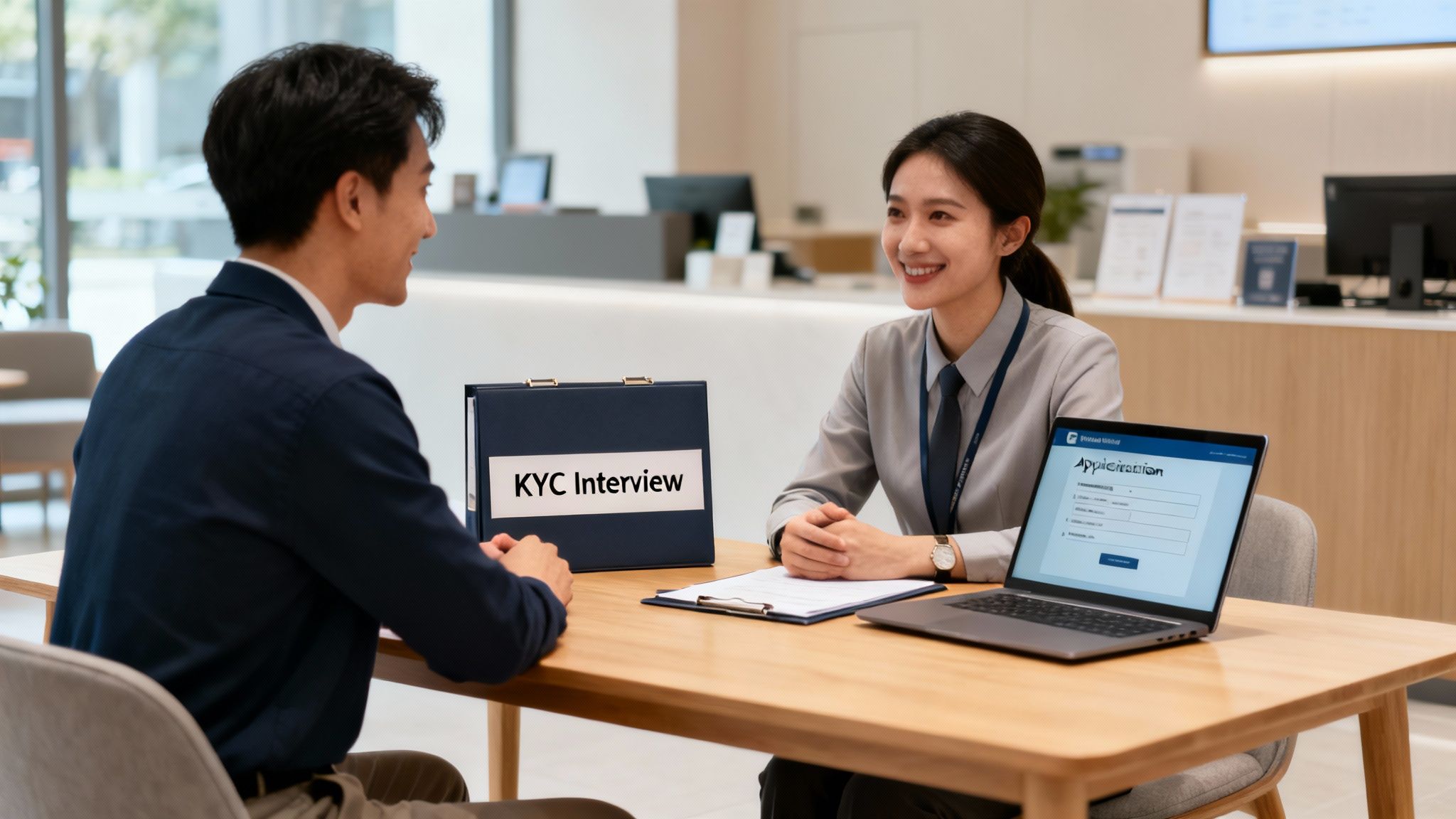 Smiling bank employee interviewing a male client during a KYC process at a desk with a laptop.