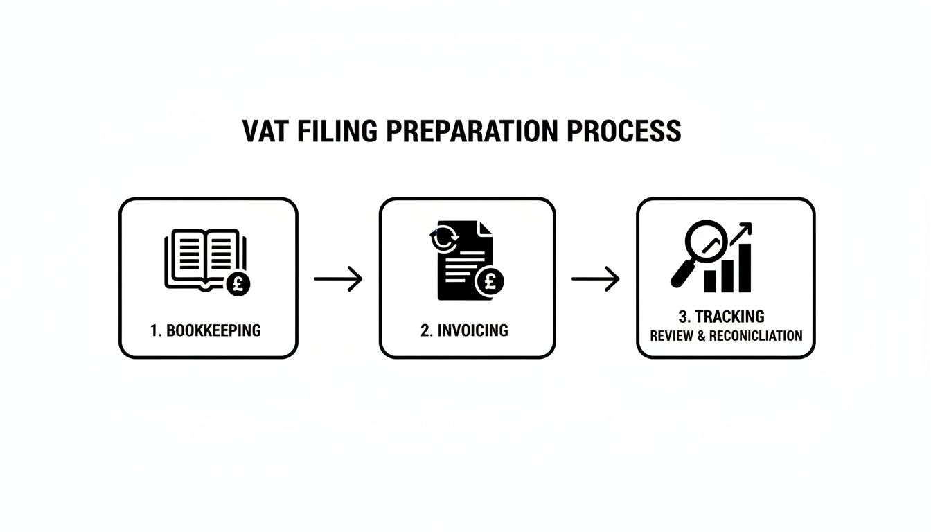 Process flow diagram for VAT filing preparation, showing steps like bookkeeping, invoicing, and reconciliation.