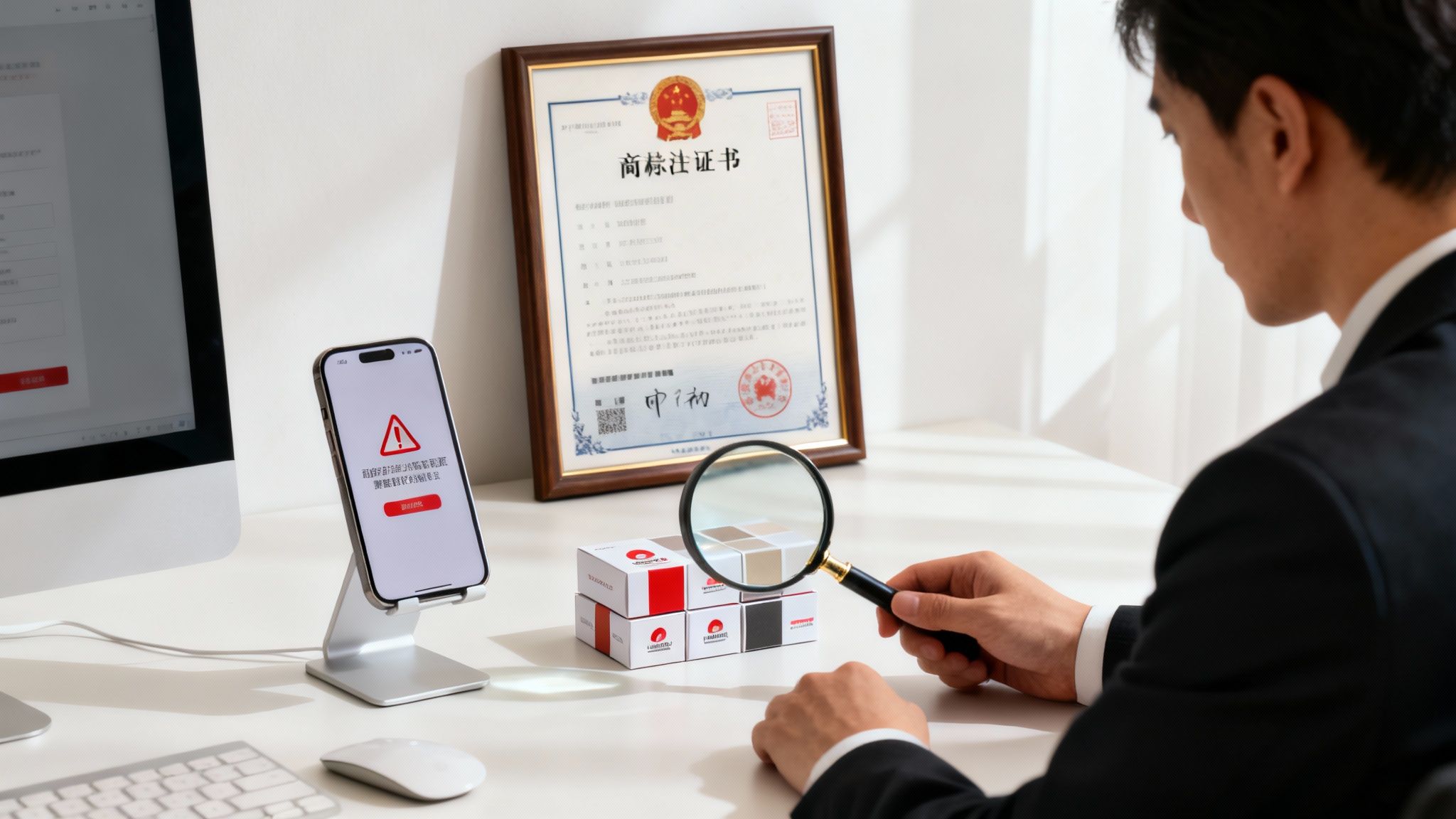 A man inspects product samples with a magnifying glass. A trademark certificate and error message on a phone are on the desk.