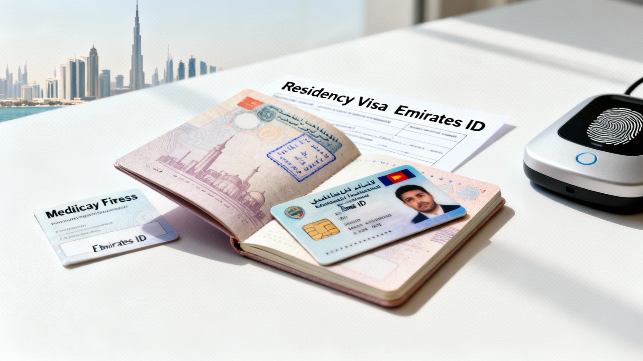 Dubai residency documents: passport, Emirates ID, visa application, and fingerprint scanner on a white desk with the city skyline.