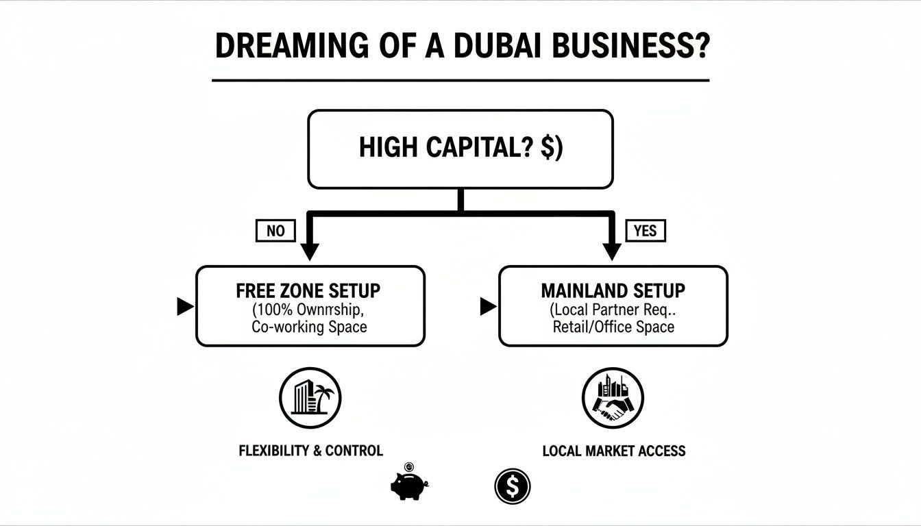 Flowchart guiding business setup in Dubai based on capital, detailing free zone versus mainland options.