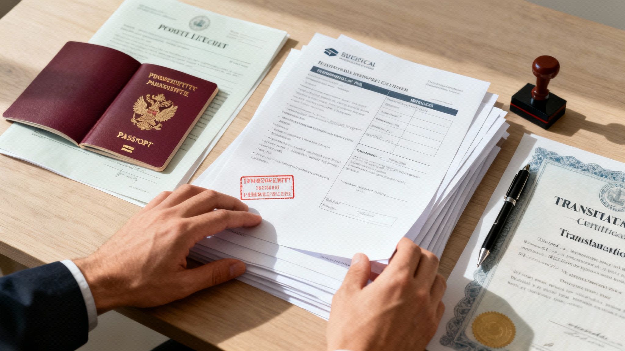 A person's hands reviewing official documents, including a Russian passport and a translation certificate, on a wooden desk.