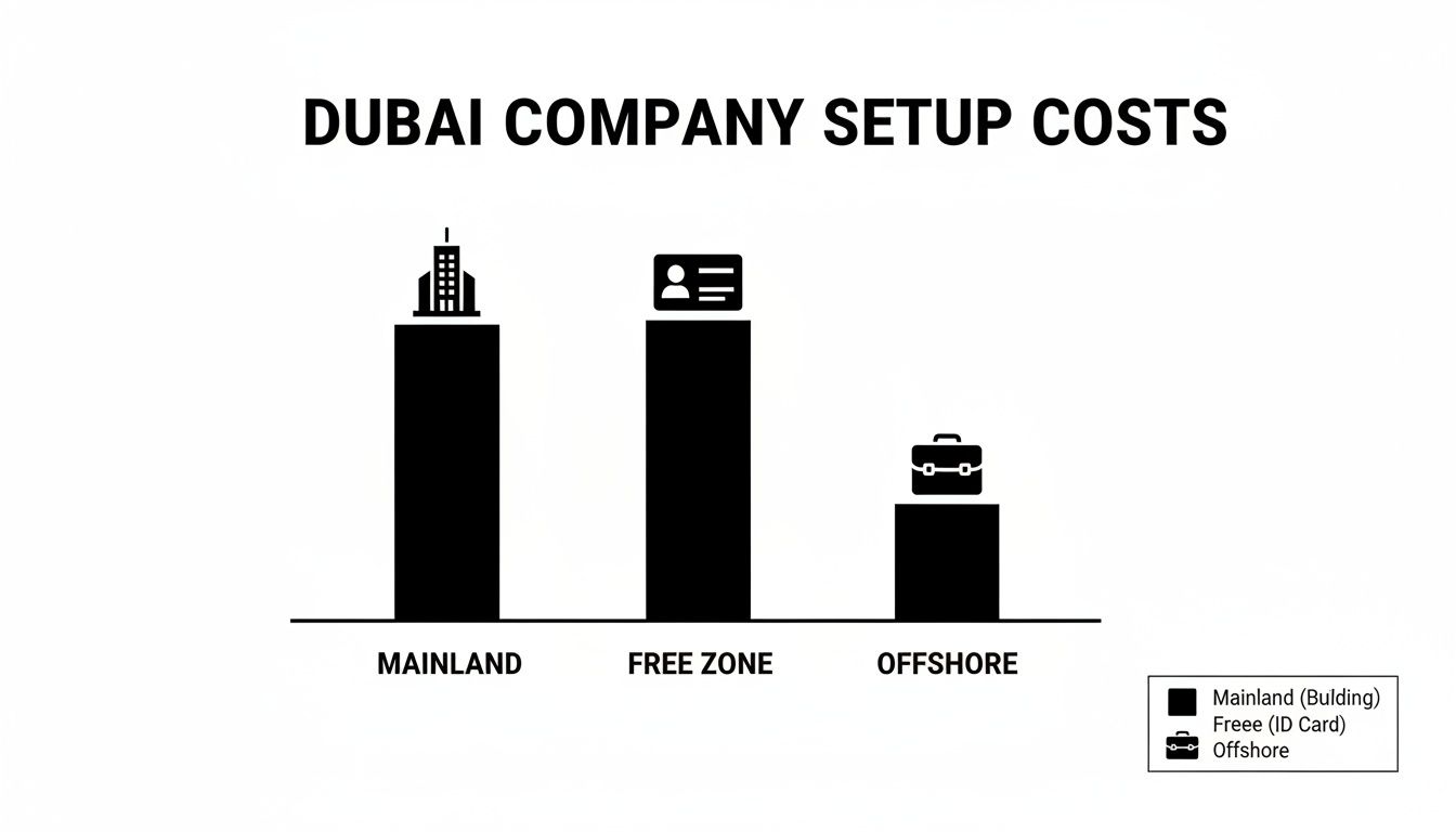 Bar chart comparing Dubai company setup costs for Mainland, Free Zone, and Offshore entities.