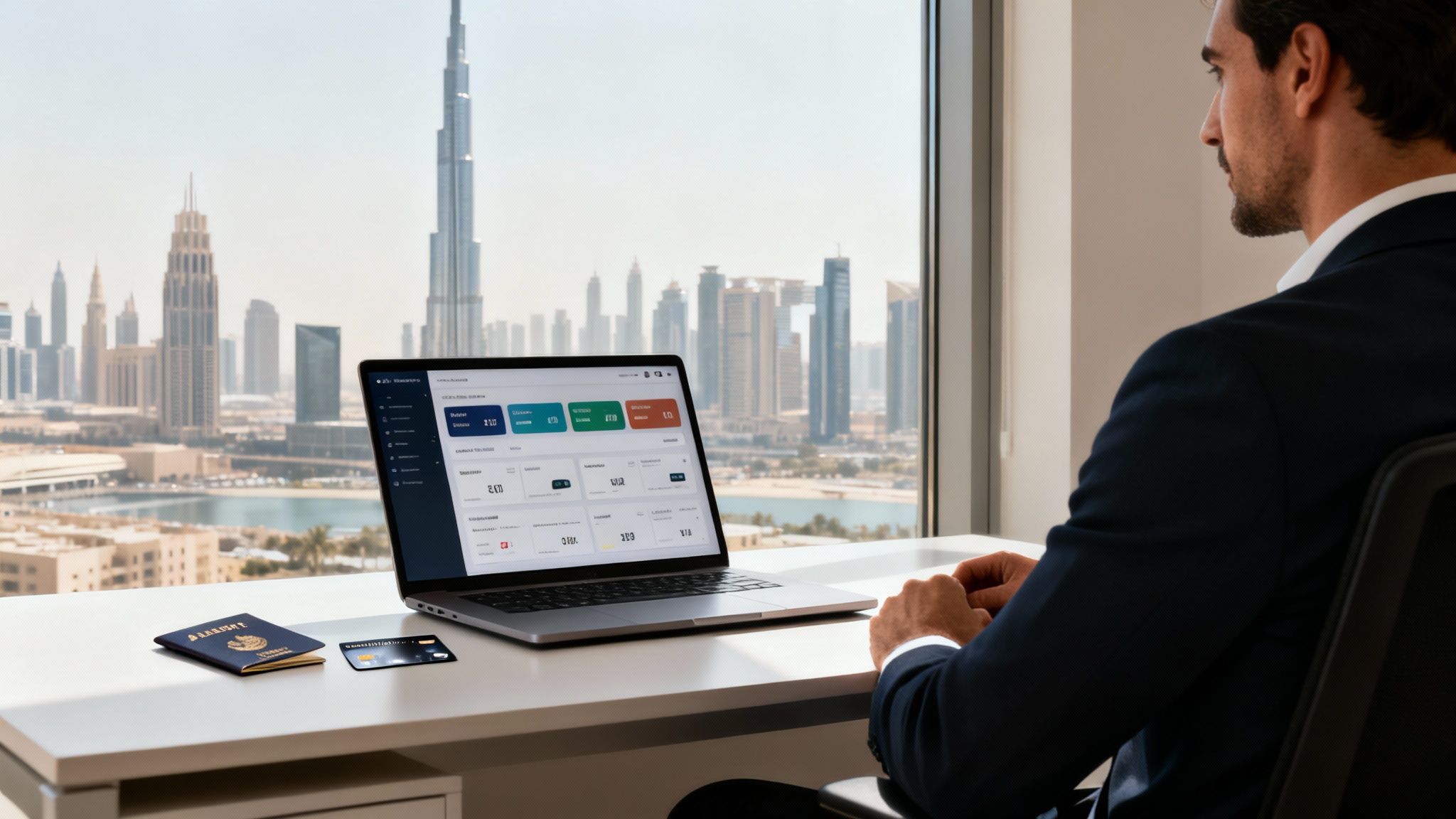 A businessman with a laptop, passport, and credit card overlooks the Dubai skyline.