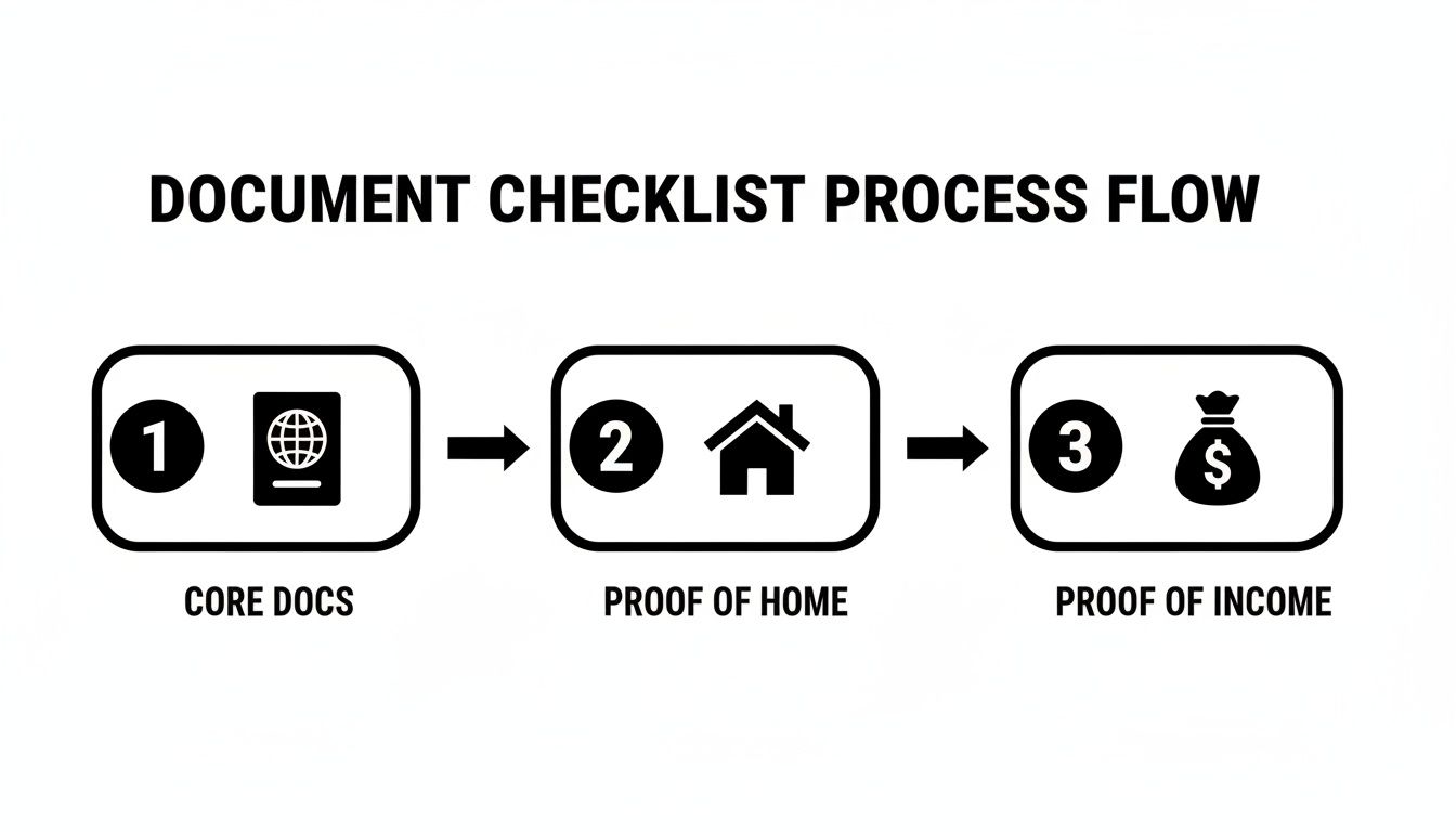 A document checklist process flow diagram showing three steps: core documents, proof of home, and proof of income.