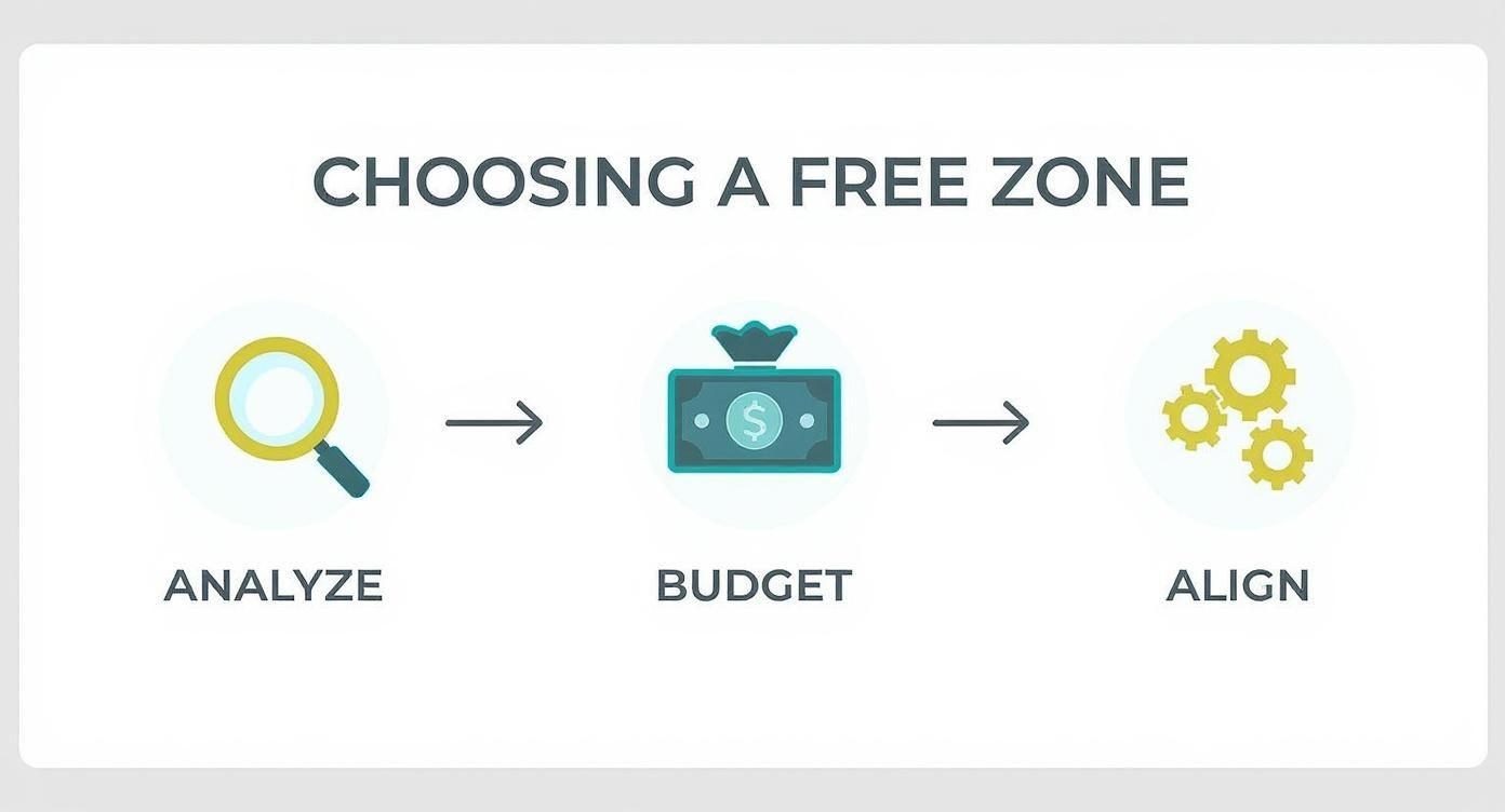 Flowchart illustrating the three steps for choosing a free zone: analyze, budget, and align.