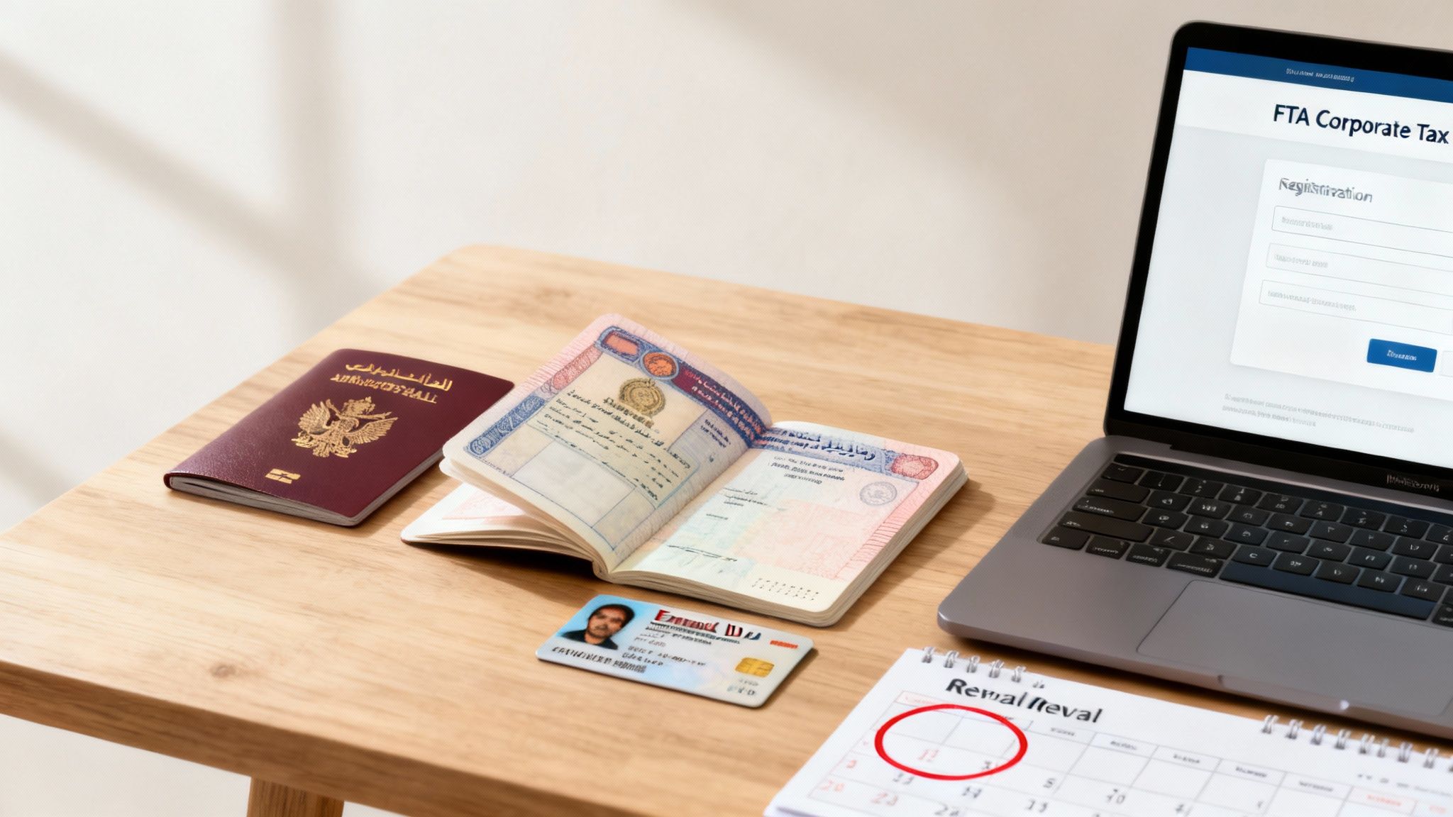 Essential documents, ID, and laptop displaying a corporate tax registration form for company formation.