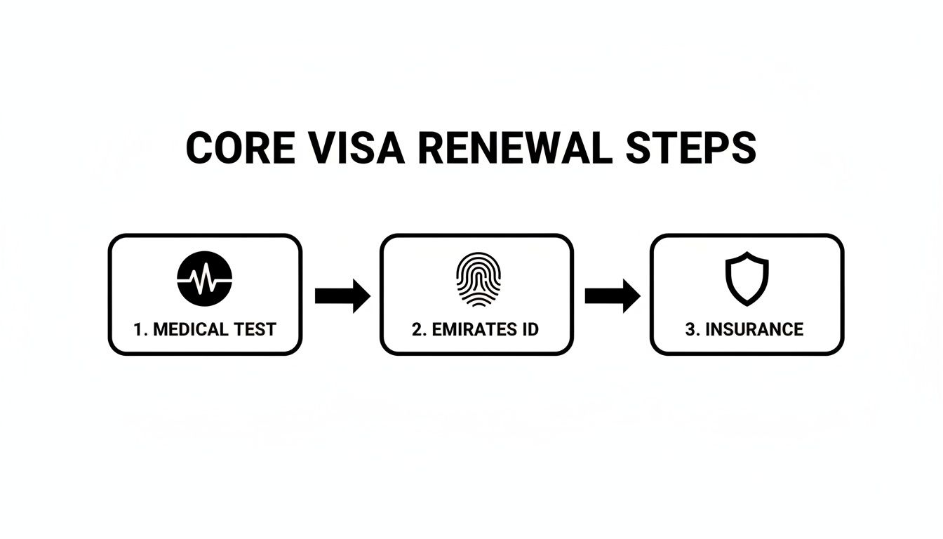 Flowchart showing three core steps for visa renewal: medical test, Emirates ID, and insurance.