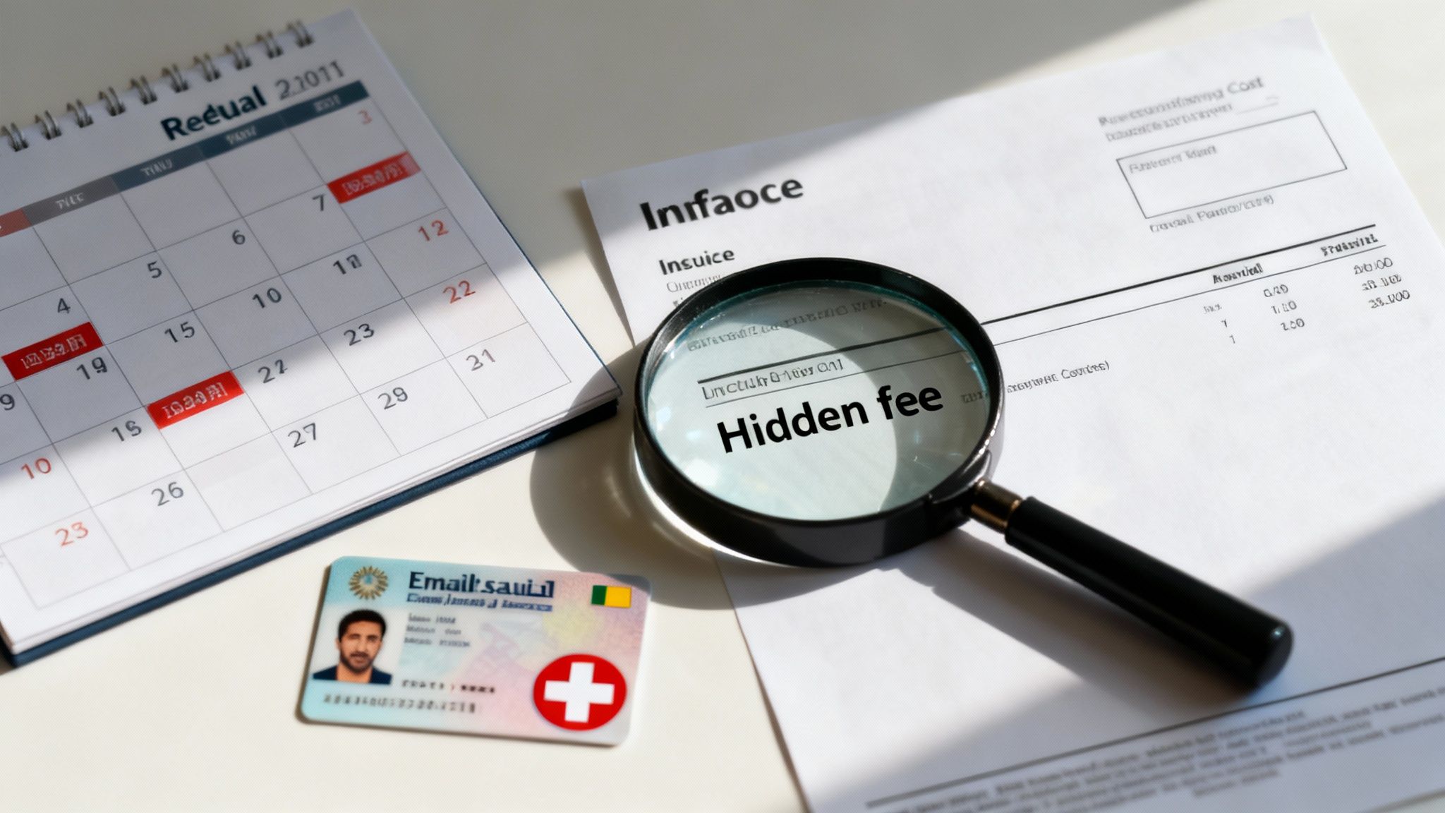 A magnifying glass highlights 'Hidden fee' on an invoice, alongside a calendar and an ID card.