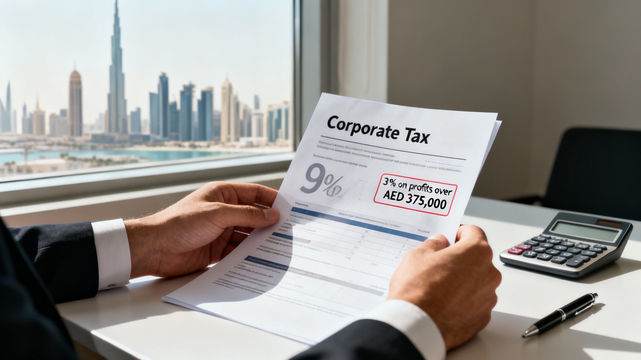 A man reviews a corporate tax document with 9% tax and 3% on profits, overlooking a Dubai skyline.