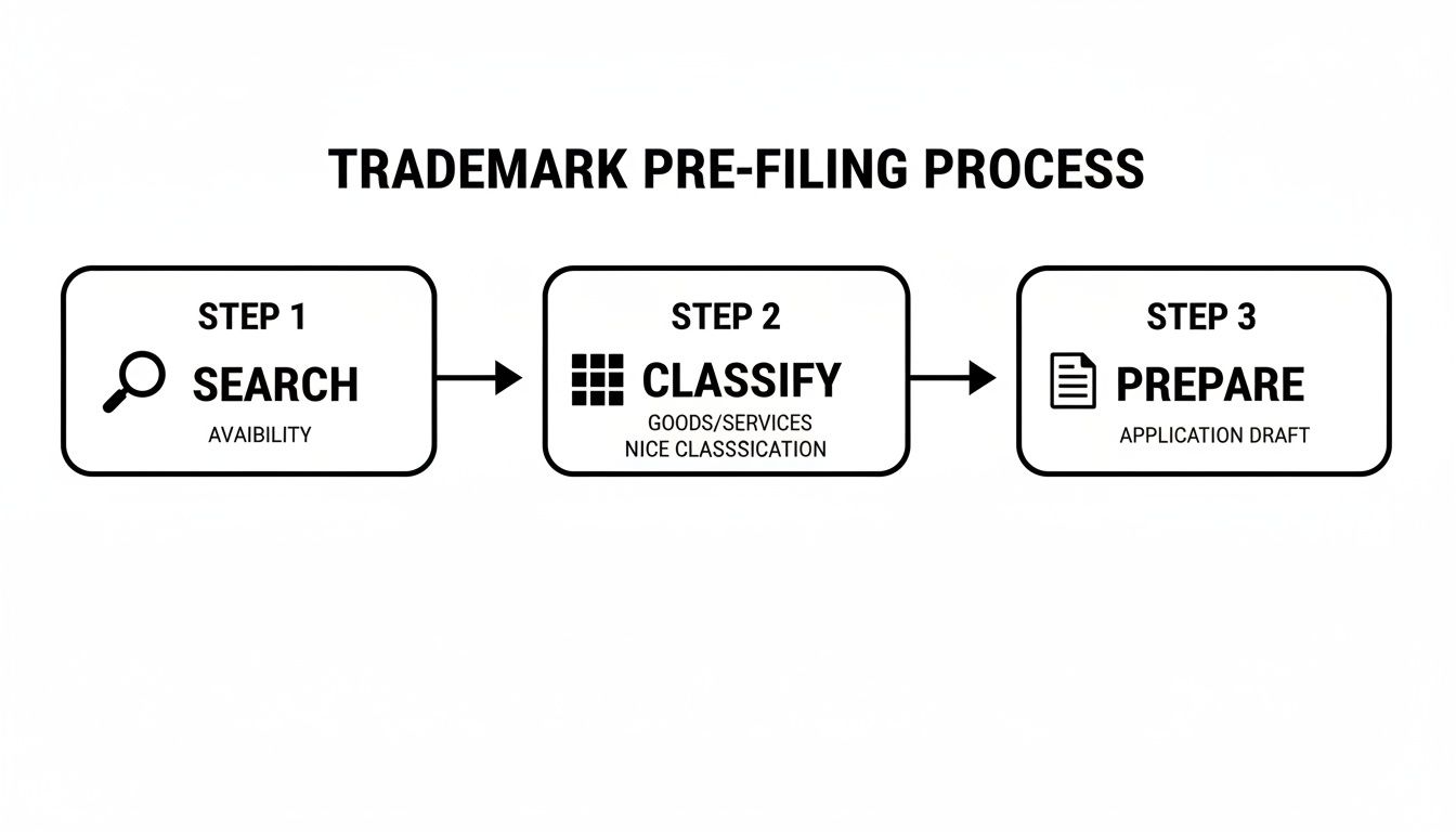A flowchart outlining the three steps of the trademark pre-filing process: search, classify, and prepare.