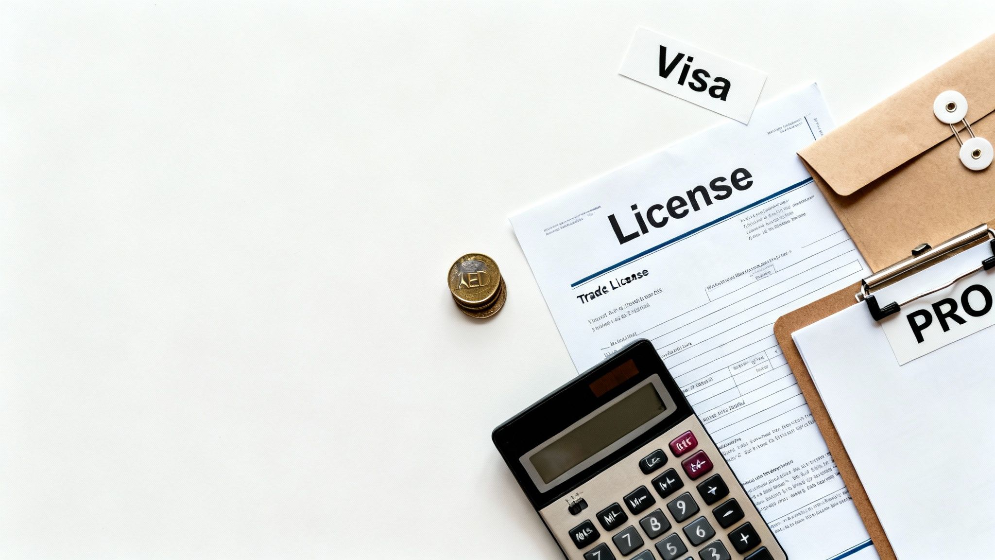Essential documents for business setup, including a trade license, visa, calculator, and AED coins, on a white desk.