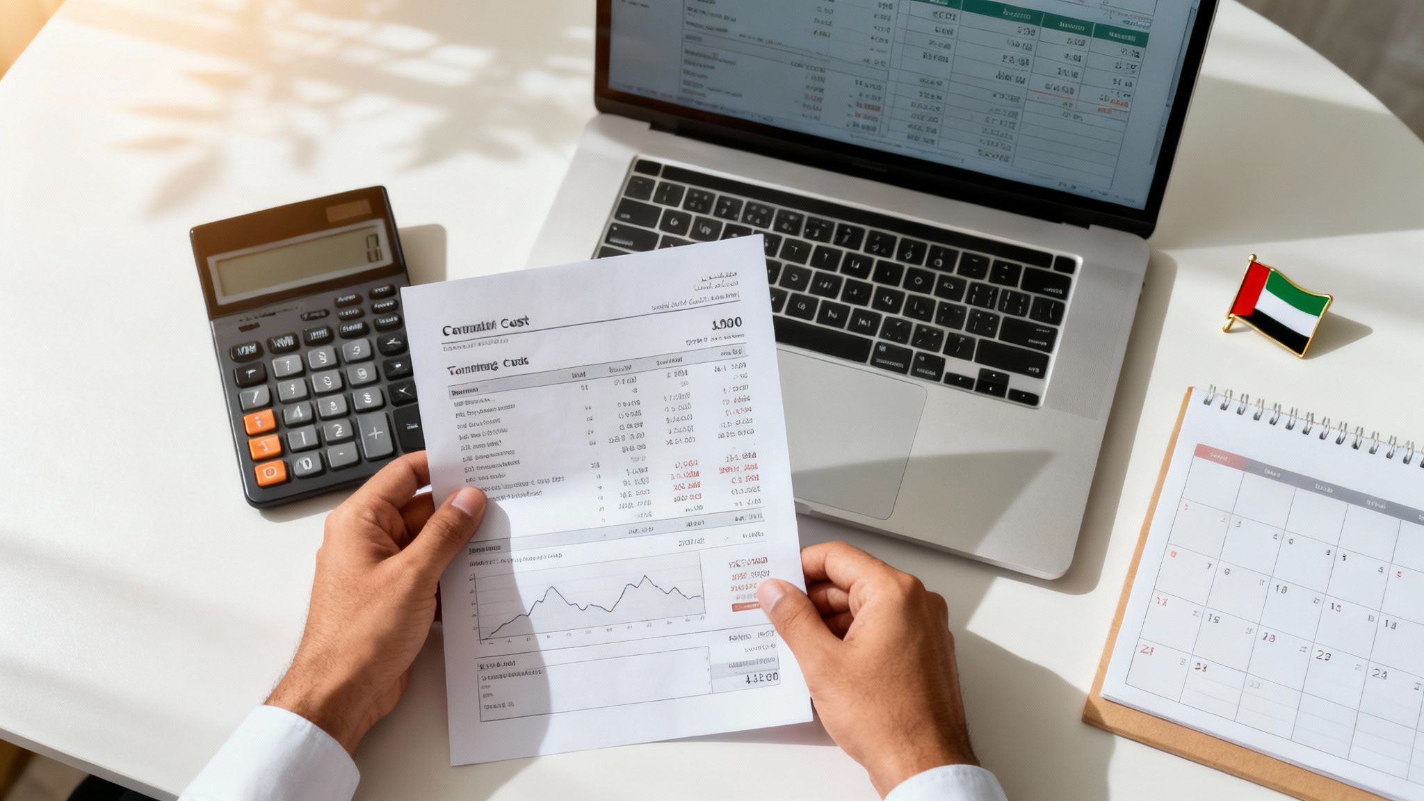 Person analyzing business finances with documents, calculator, laptop, and UAE flag on desk.