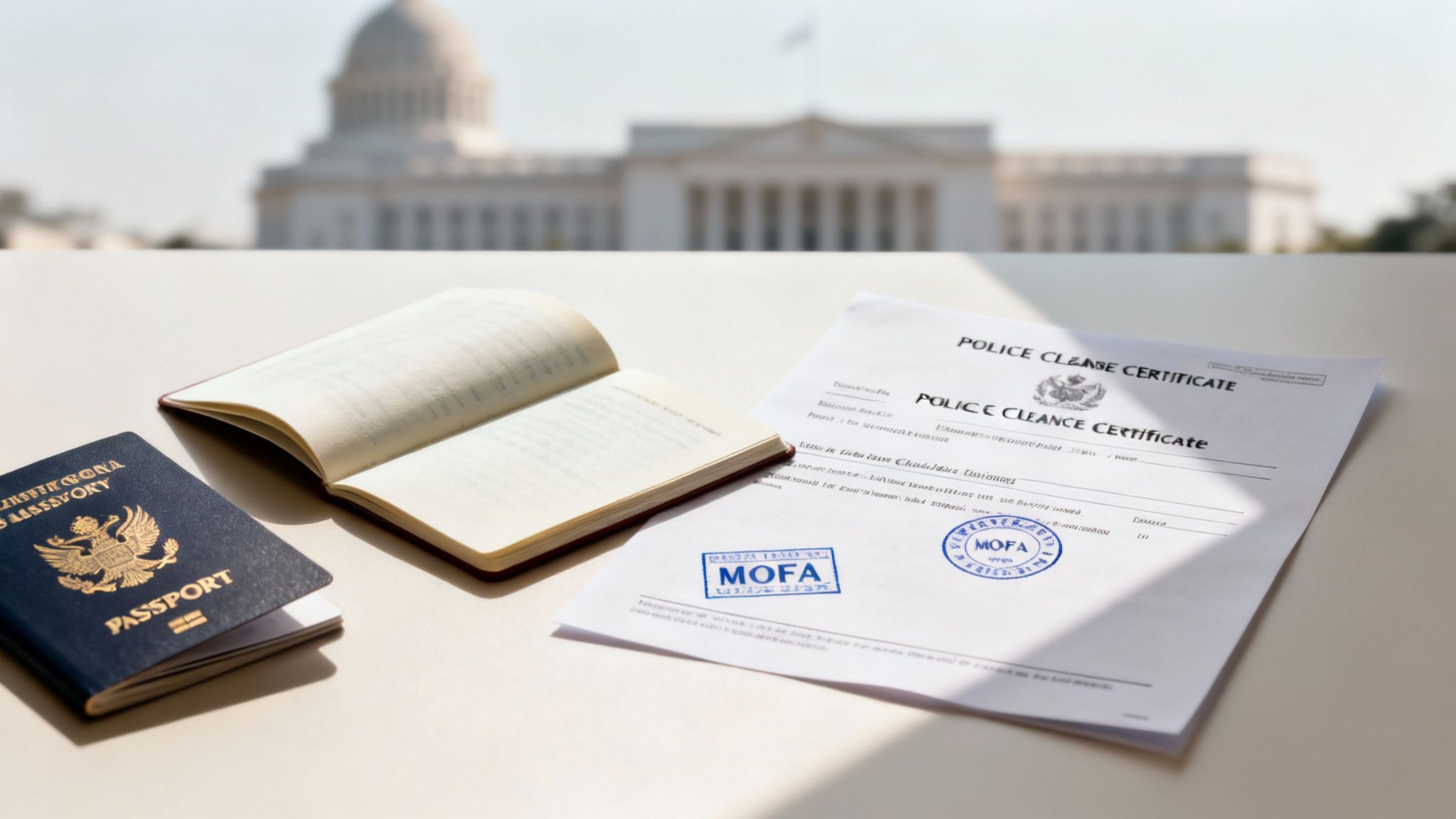 A passport, an open book, and a police clearance certificate with MOFA stamps on a table.