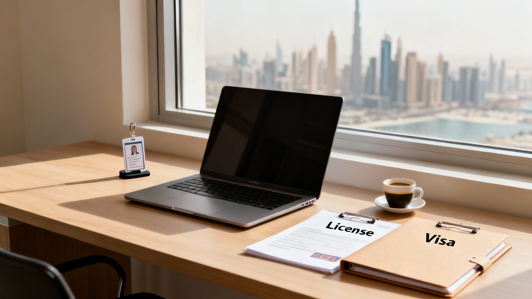 A desk with a laptop, ID card, coffee cup, and 'License' and 'Visa' documents, overlooking the Dubai skyline.
