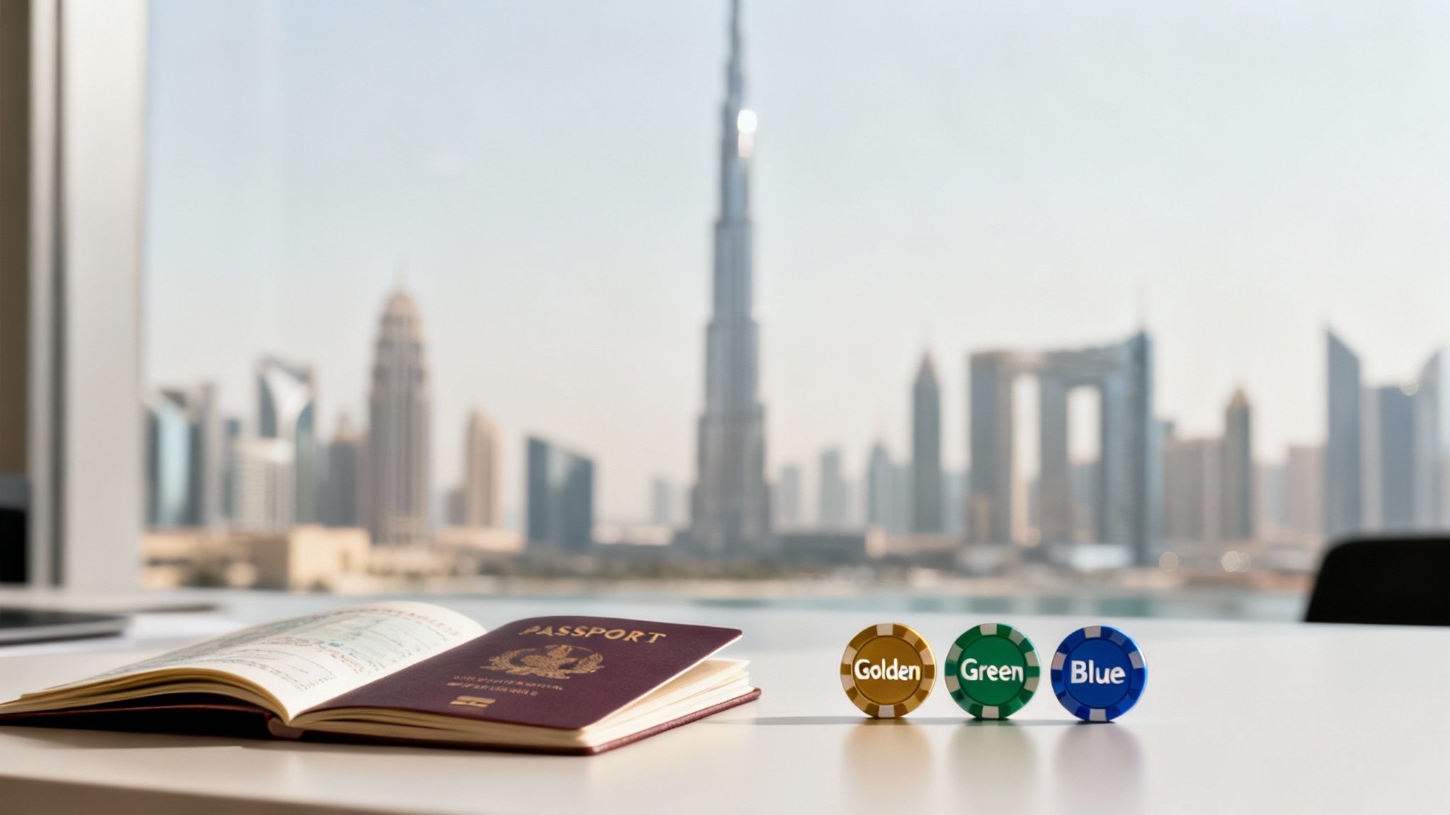 A passport and three colorful poker chips (Golden, Green, Blue) on a desk, with the Dubai skyline including Burj Khalifa in the background.