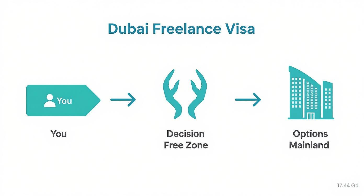 Flowchart illustrating the Dubai Freelance Visa process, moving from 'You' to 'Decision Free Zone' and 'Options Mainland'.