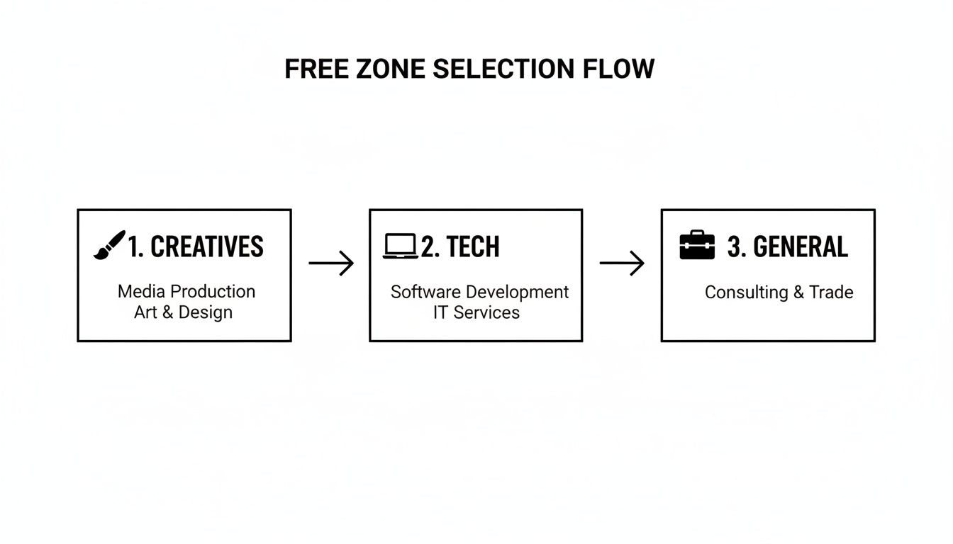 Flowchart showing free zone selection options for businesses: Creatives, Tech, and General services.