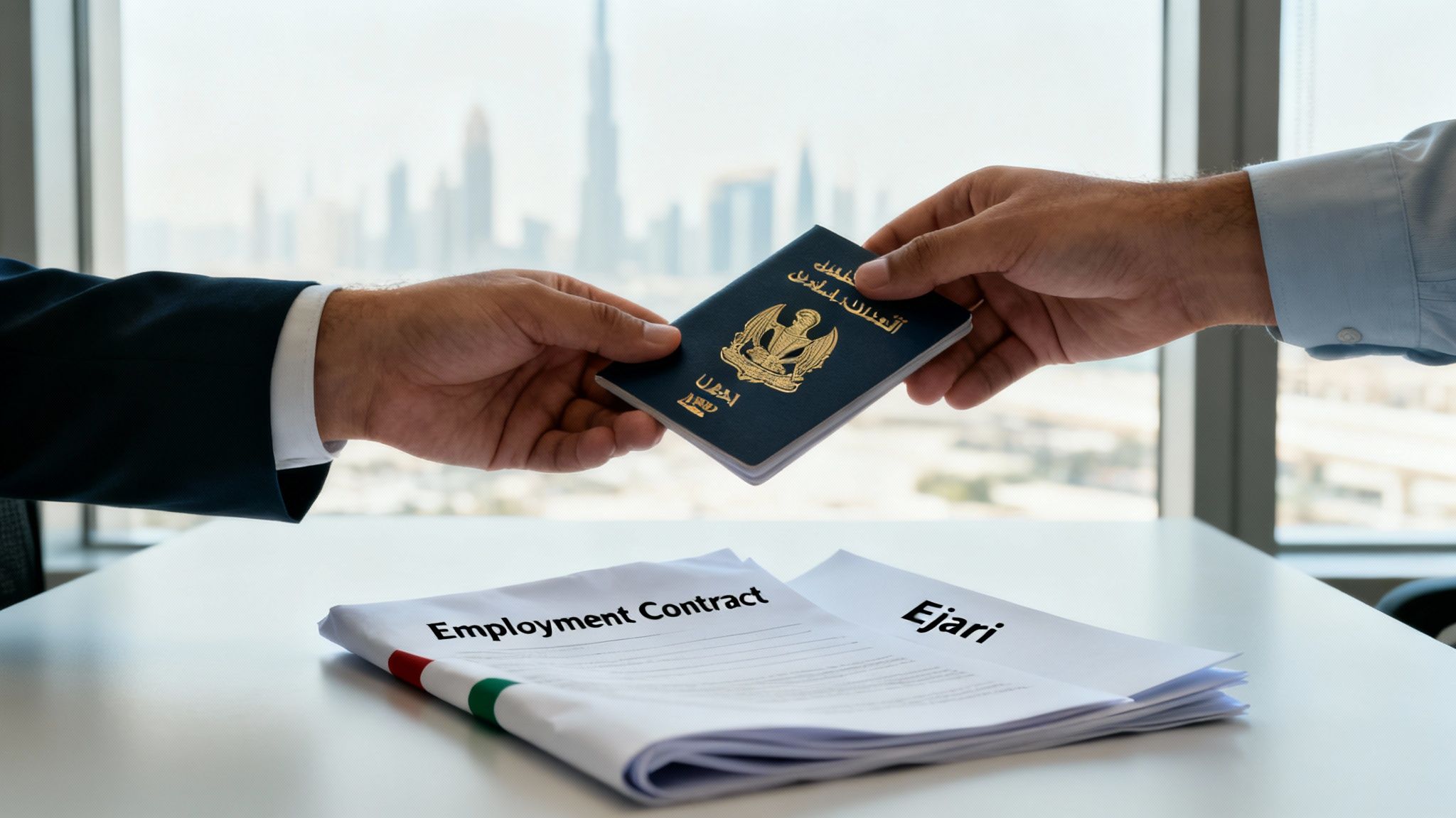 Two hands exchange a Sudanese passport over documents labeled 'Employment Contract' and 'Ejari' in an office with a city view.