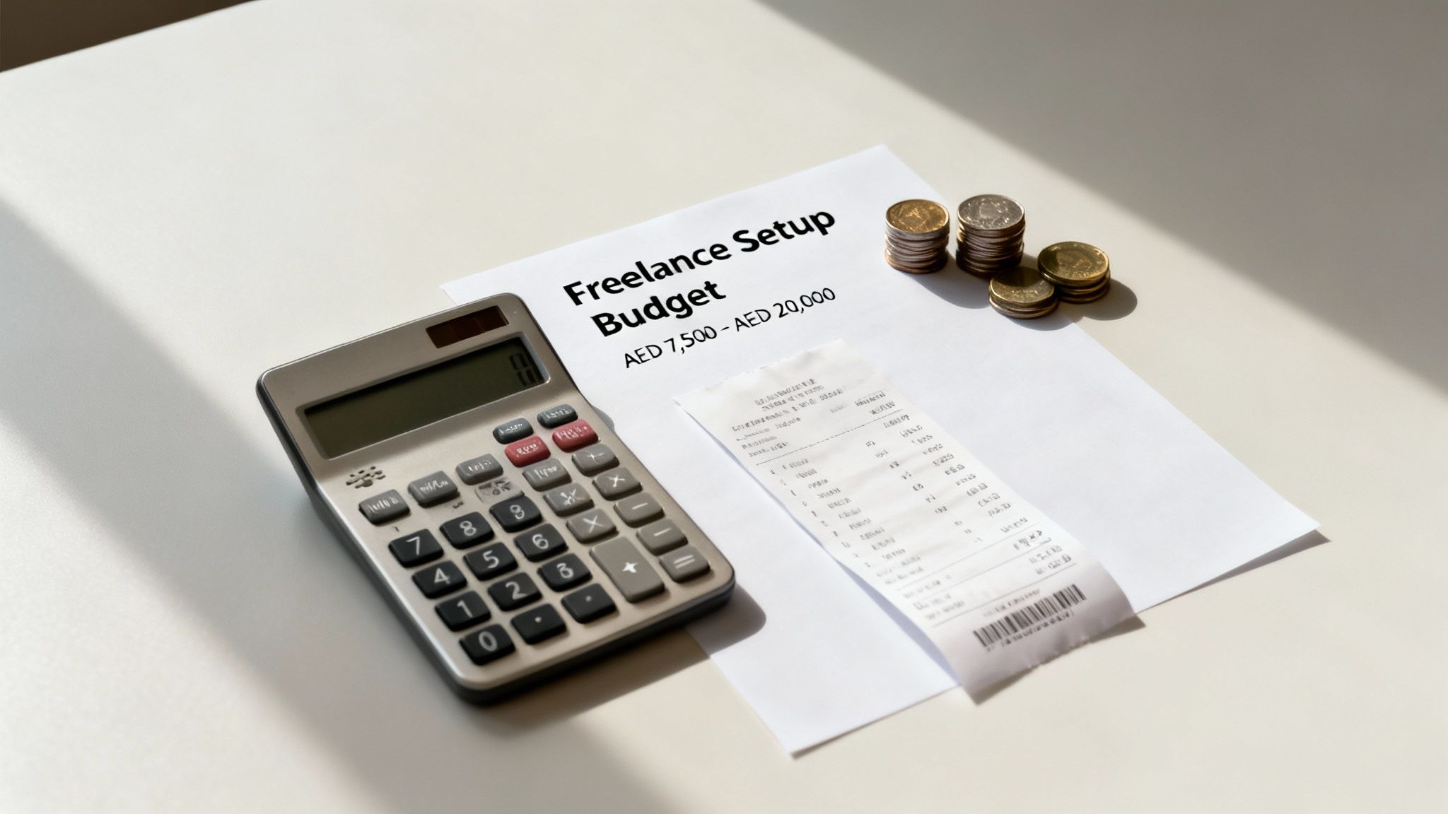 A calculator, paper with 'Freelance Setup Budget,' a receipt, and stacks of coins on a white table.