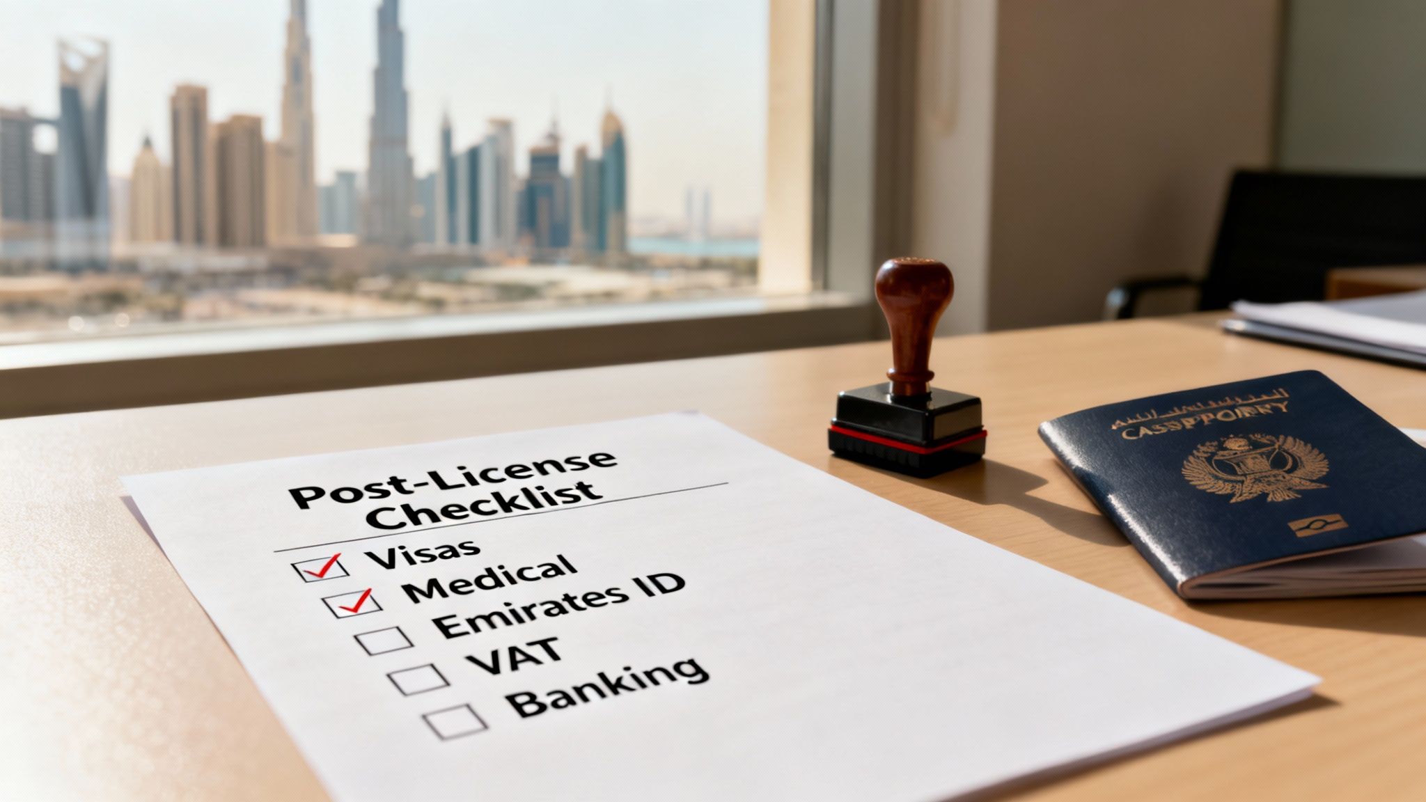 A post-license checklist with 'Visas' and 'Medical' checked, a passport, and a stamp on a desk overlooking the Dubai skyline.