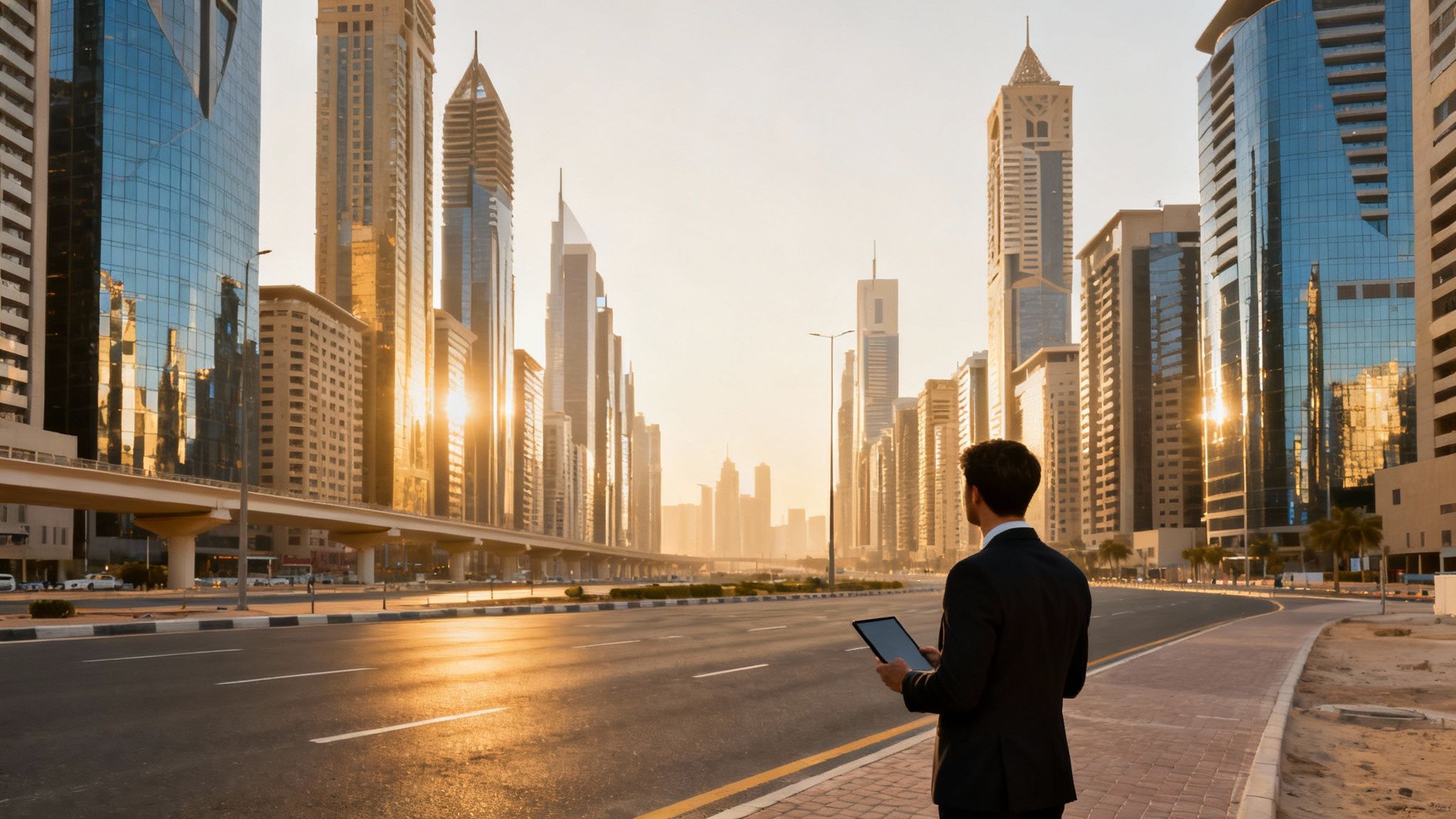 Businessman holding a tablet, admiring the modern Dubai city skyline with stunning sunset reflections.