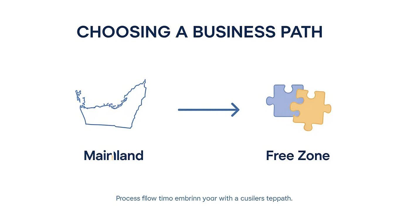 A graphic illustrating the choice between starting a business on the UAE Mainland or in a Free Zone.