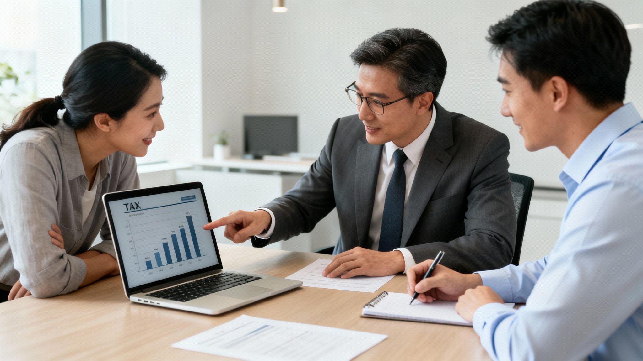 Three Asian professionals discussing a tax chart on a laptop in a modern office setting.