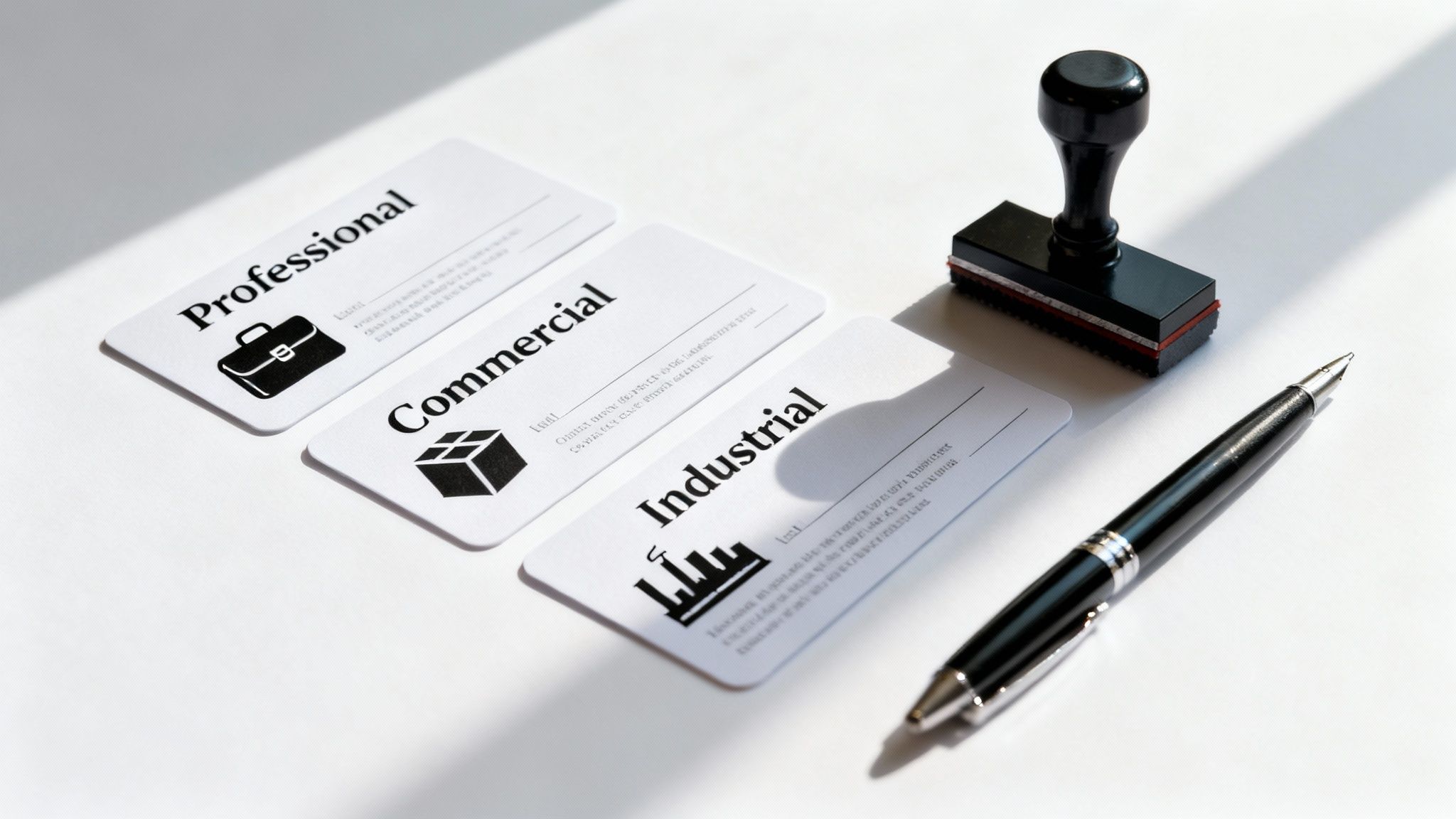 Three white cards illustrating Professional, Commercial, and Industrial business categories, with a pen and stamp.