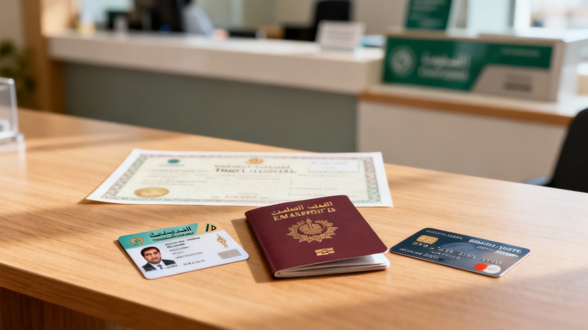A UAE passport, ID card, credit card, and certificate on a wooden desk.